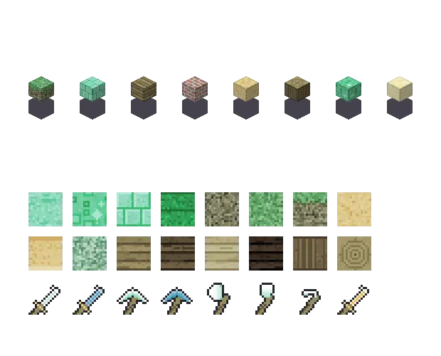 Mint blocks. The palette is rock #8fd9bd, leaf #65a869, water #5389b7 and glow #f0e7b1. Blocksmith draws the tiles from this palette. They are not Mojang's.