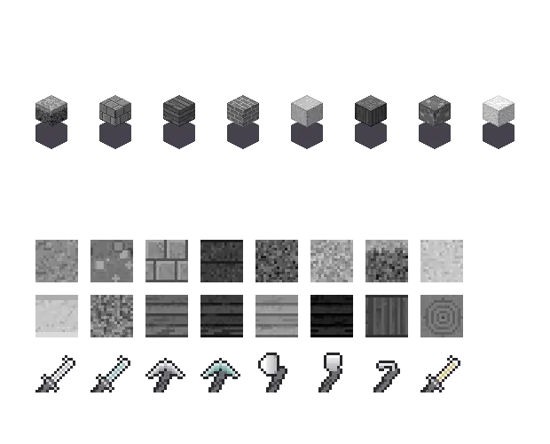 Monochrome blocks. The palette is rock #8a8a8a, leaf #9a9a9a, water #b0b0b0 and glow #e8e8e8. Blocksmith draws the tiles from this palette. They are not Mojang's.