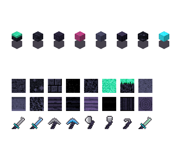 Neon cyberpunk blocks. Neon selects the synthwave palette. The glow colour is part of that set, and the tools are painted with it.