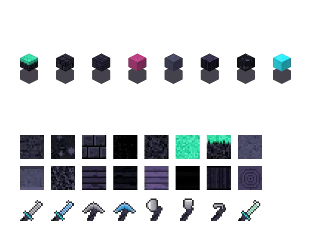 Neon cyberpunk blocks. Neon selects the synthwave palette. The glow colour is part of that set, and the tools are painted with it.