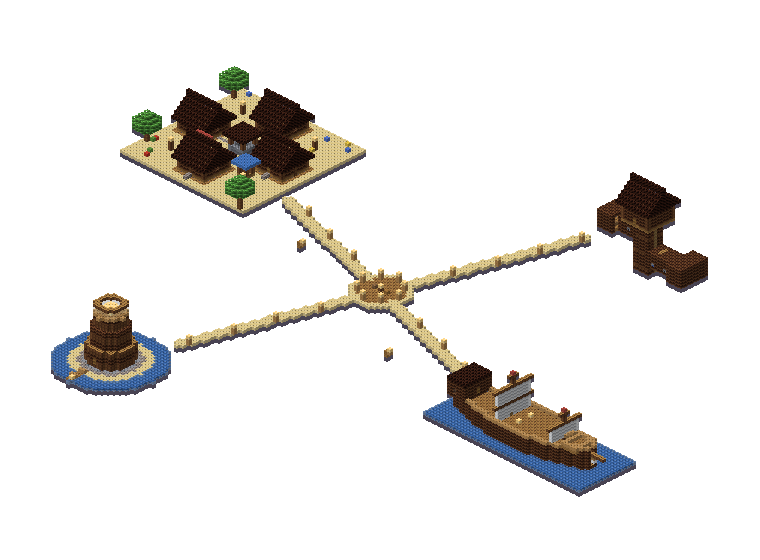 An isometric adventure island with paths and pirate-themed buildings, made by Blocksmith