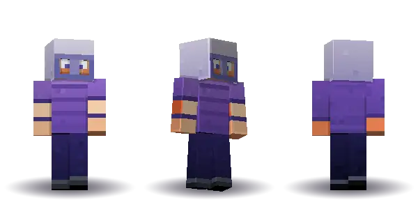 Purple bald cyber helmet. Hair is bald, the face is visor, the top is tee and the legs are trousers. Extras: helmet. The top colour is #7a55b5.