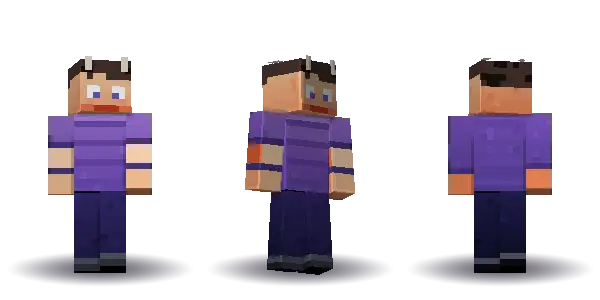 Purple demon with horns. Hair is short, the face is happy, the top is tee and the legs are trousers. Extras: horns. The top colour is #7a55b5.