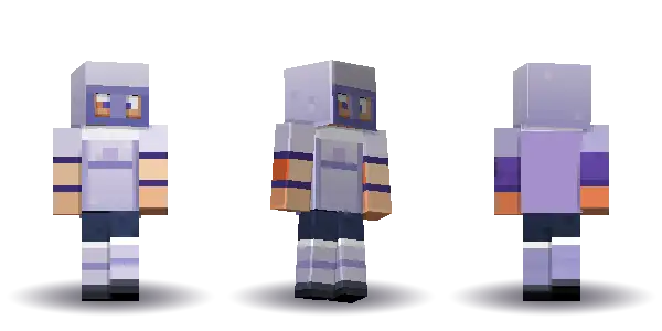 Purple knight bald with a cape. Hair is bald, the face is brave, the top is armour and the legs are greaves. Extras: cape, helmet. The top colour is #7a55b5.