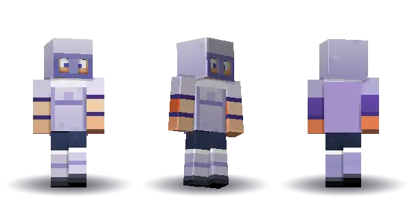 Purple knight with a cape. Hair is short, the face is brave, the top is armour and the legs are greaves. Extras: cape, helmet. The top colour is #7a55b5.