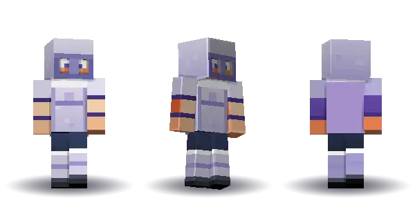 Purple knight with spiky hair with a cape. Hair is spiky, the face is brave, the top is armour and the legs are greaves. Extras: cape, helmet. The top colour is #7a55b5.