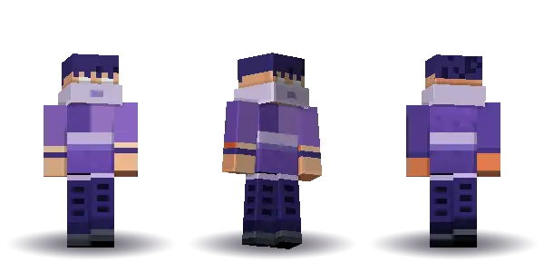 Purple ninja with spiky hair. Hair is spiky, the face is happy, the top is kimono and the legs are hakama. Extras: mask. The top colour is #7a55b5.