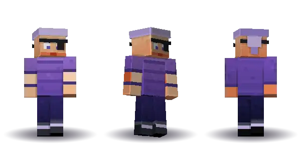 Purple pirate bald with an eyepatch. Hair is bald, the face is brave, the top is tee and the legs are boots. Extras: eyepatch, bandana. The top colour is #7a55b5.