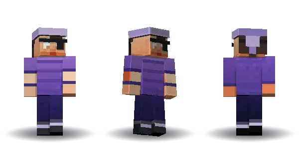 Purple pirate with a ponytail with an eyepatch. Hair is ponytail, the face is brave, the top is tee and the legs are boots. Extras: eyepatch, bandana. The top colour is #7a55b5.