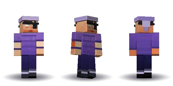 Purple pirate with an eyepatch. Hair is short, the face is brave, the top is tee and the legs are boots. Extras: eyepatch, bandana. The top colour is #7a55b5.