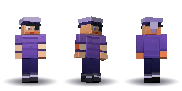Purple pirate with spiky hair with an eyepatch. Hair is spiky, the face is brave, the top is tee and the legs are boots. Extras: eyepatch, bandana. The top colour is #7a55b5.