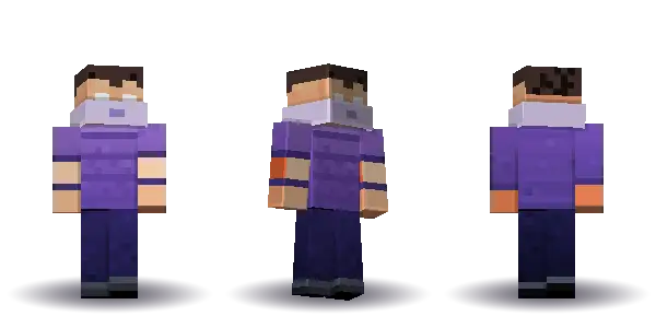 Purple spooky mask. Hair is short, the face is happy, the top is tee and the legs are trousers. Extras: mask. The top colour is #7a55b5.