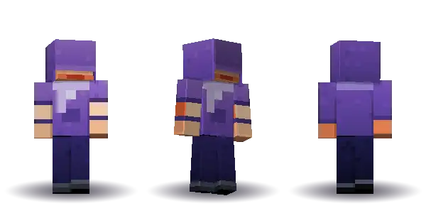 Purple winter hoodie with a scarf. Hair is short, the face is happy, the top is hoodie and the legs are trousers. Extras: scarf. The top colour is #7a55b5.
