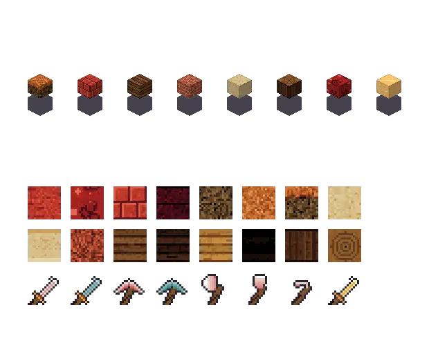 Red autumn blocks. The palette is rock #c0392b, leaf #c2652a, water #4a7f8a and glow #ffc46a. Blocksmith draws the tiles from this palette. They are not Mojang's.