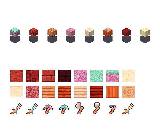 Red candy blocks. The palette is rock #c0392b, leaf #8fd9bd, water #8fd8e8 and glow #fff0a8. Blocksmith draws the tiles from this palette. They are not Mojang's.
