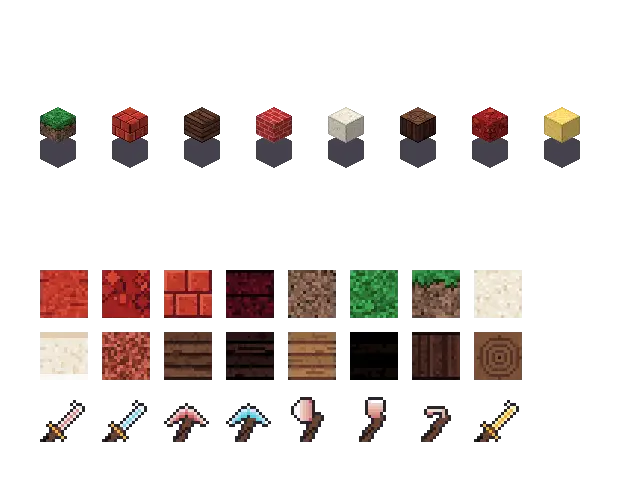 Red christmas blocks. The palette is rock #c0392b, leaf #2f7a3a, water #8fc8e8 and glow #ffd86a. Blocksmith draws the tiles from this palette. They are not Mojang's.