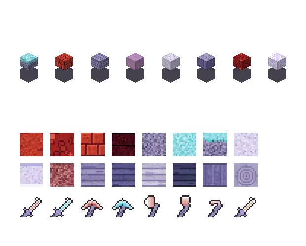 Red crystal blocks. The palette is rock #c0392b, leaf #8fd8e0, water #8fd0f2 and glow #e0d0ff. Blocksmith draws the tiles from this palette. They are not Mojang's.