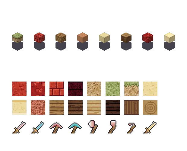 Red desert blocks. The palette is rock #c0392b, leaf #9aa860, water #4fb3c4 and glow #ffe8a8. Blocksmith draws the tiles from this palette. They are not Mojang's.