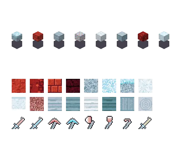 Red ice blocks. The palette is rock #c0392b, leaf #bfe3f2, water #7fc8e8 and glow #d8f2ff. Blocksmith draws the tiles from this palette. They are not Mojang's.