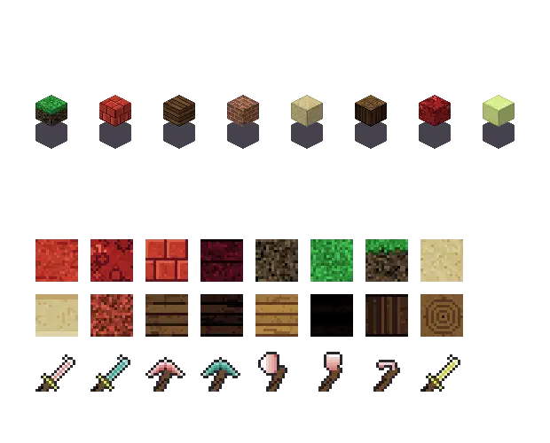Red jungle blocks. The palette is rock #c0392b, leaf #2f8f3a, water #2f8f7a and glow #d8f08a. Blocksmith draws the tiles from this palette. They are not Mojang's.