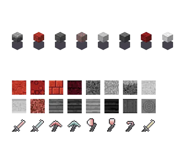 Red monochrome blocks. The palette is rock #c0392b, leaf #9a9a9a, water #b0b0b0 and glow #e8e8e8. Blocksmith draws the tiles from this palette. They are not Mojang's.