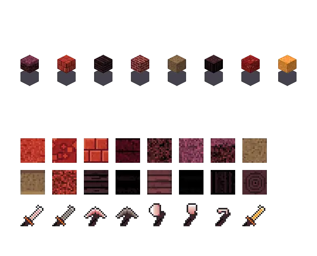 Red nether blocks. The palette is rock #c0392b, leaf #7a3a52, water #8a2f20 and glow #ff9a3a. Blocksmith draws the tiles from this palette. They are not Mojang's.