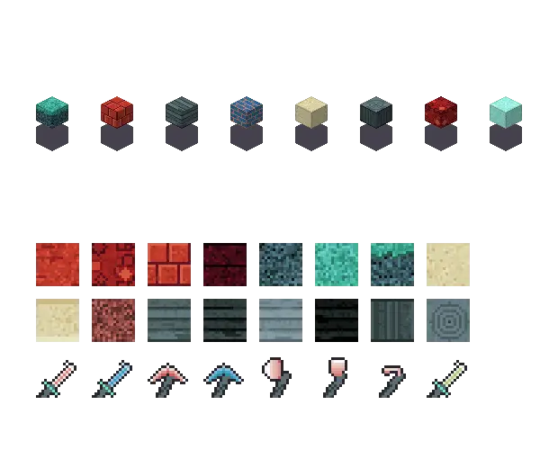 Red ocean blocks. The palette is rock #c0392b, leaf #3fae9a, water #2f7fb5 and glow #9af0e0. Blocksmith draws the tiles from this palette. They are not Mojang's.