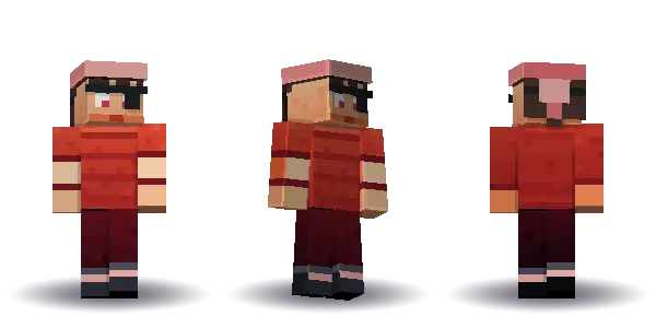 Red pirate with a ponytail with an eyepatch. Hair is ponytail, the face is brave, the top is tee and the legs are boots. Extras: eyepatch, bandana. The top colour is #c0392b.