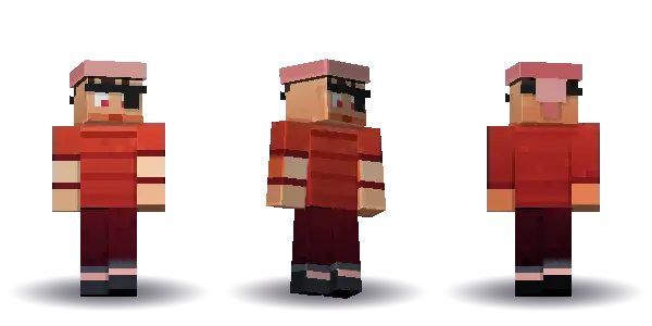 Red pirate with an eyepatch. Hair is short, the face is brave, the top is tee and the legs are boots. Extras: eyepatch, bandana. The top colour is #c0392b.