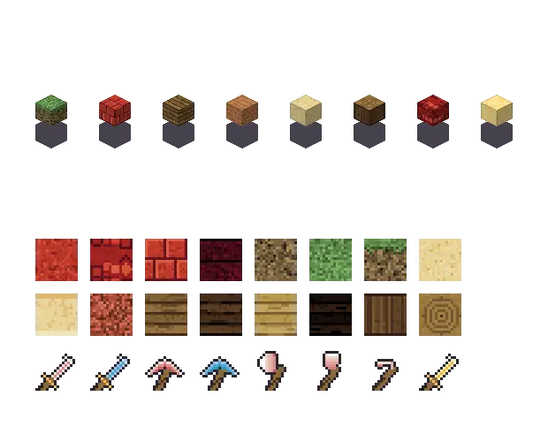 Red royal blocks. The palette is rock #c0392b, leaf #5f8a4a, water #3f7fc4 and glow #ffe08a. Blocksmith draws the tiles from this palette. They are not Mojang's.