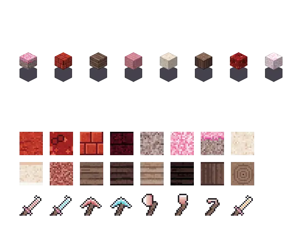Red sakura blocks. The palette is rock #c0392b, leaf #f2a8c4, water #9ed2e8 and glow #ffe0ee. Blocksmith draws the tiles from this palette. They are not Mojang's.
