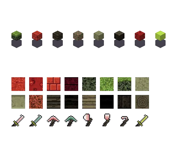 Red swamp blocks, an original Minecraft texture pack Blocksmith drew from “red swamp blocks”