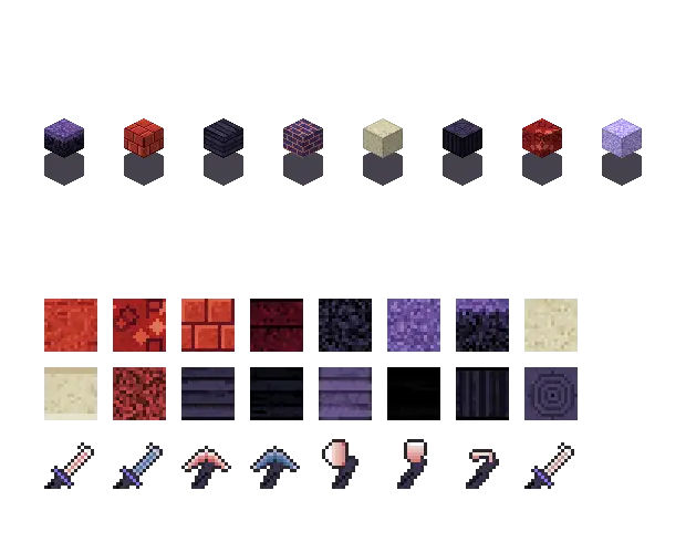Red void blocks. The palette is rock #c0392b, leaf #6a4f9a, water #4a3f8a and glow #bda8ff. Blocksmith draws the tiles from this palette. They are not Mojang's.