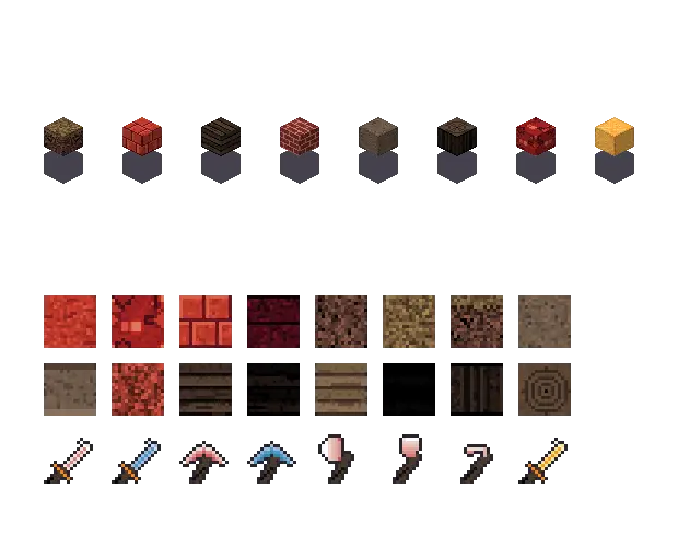 Red volcano blocks. The palette is rock #c0392b, leaf #6b5236, water #3f6fb5 and glow #ffb347. Blocksmith draws the tiles from this palette. They are not Mojang's.