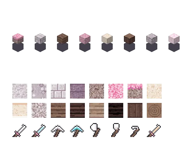 Sakura blossom blocks. Sakura selects the blossom palette, pink leaves on pale stone. Blocksmith draws the tiles. It does not recolour a game texture.