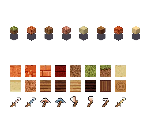 Sunset blocks. The palette is rock #e0743a, leaf #81853b, water #677096 and glow #f9d28b. Blocksmith draws the tiles from this palette. They are not Mojang's.