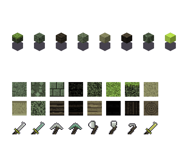 Swamp bog blocks. Swamp selects the bog palette: murky water, dull leaves, a yellow-green glow.