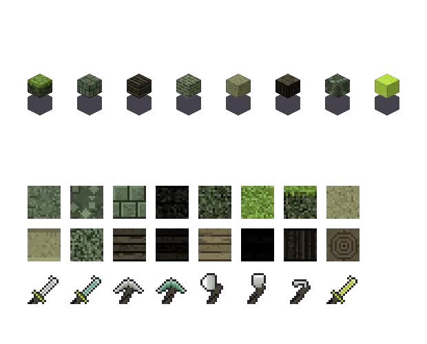 Swamp bog blocks. Swamp selects the bog palette: murky water, dull leaves, a yellow-green glow.