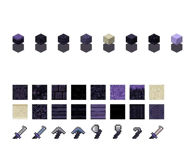 Void blocks. The palette is rock #2a2438, leaf #6a4f9a, water #4a3f8a and glow #bda8ff. Blocksmith draws the tiles from this palette. They are not Mojang's.