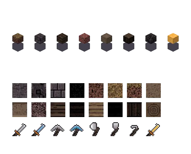 Volcano blocks. The palette is rock #4a4046, leaf #6b5236, water #3f6fb5 and glow #ffb347. Blocksmith draws the tiles from this palette. They are not Mojang's.