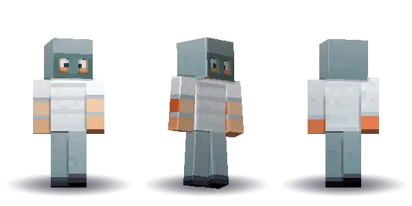White bald cyber helmet. Hair is bald, the face is visor, the top is tee and the legs are trousers. Extras: helmet. The top colour is #e8eaed.