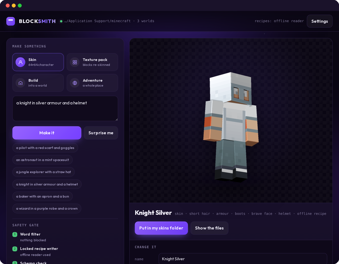 The Blocksmith window: a wish typed on the left reading a knight in silver armour and a helmet, the finished character rendered on the right, and a button to put it in the skins folder
