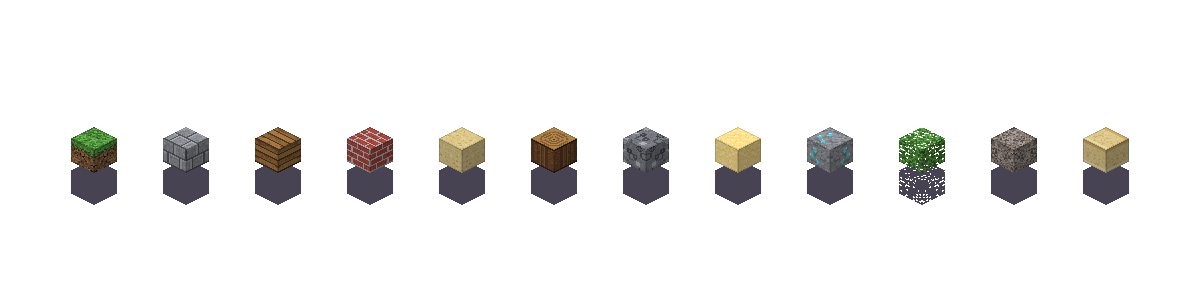 A row of generated blocks: grass, stone bricks, planks, brick, sand, log, cobble, glowstone, diamond ore, leaves, gravel and sandstone